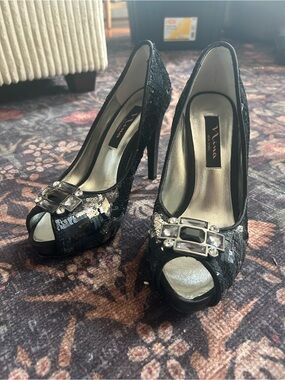 Nina Shoes Black Sequin Peep-Toe Heels with Crystal Buckle
